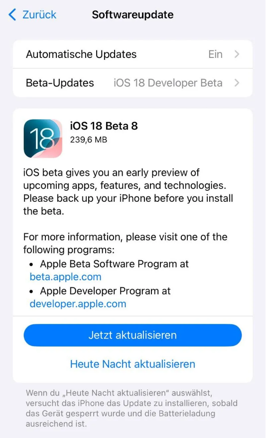 芮城苹果手机维修分享苹果 iOS / iPadOS 18 开发者预览版 Beta 8 发布 